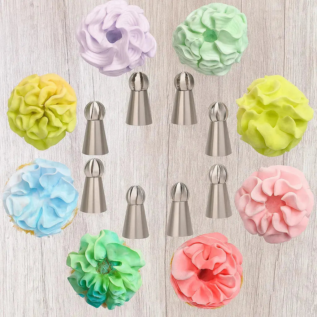 Flower Piping Nozzle Set Stainless Steel | 8 Nozzles, 2 Couplers, Reusable & Disposable Bags | Dishwasher Safe
