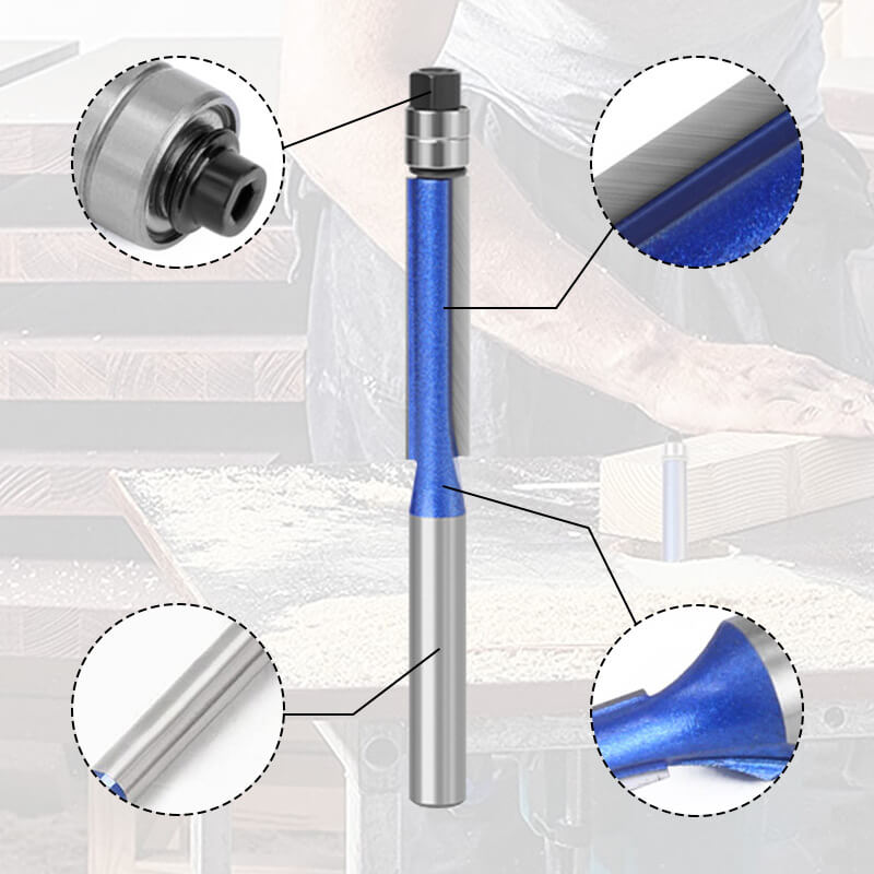 Flush Trim Router Bit Set 4 Pieces | Carbide Cutting Edge with Double Ball Bearing | Blue Nano-Coating for Longer Life