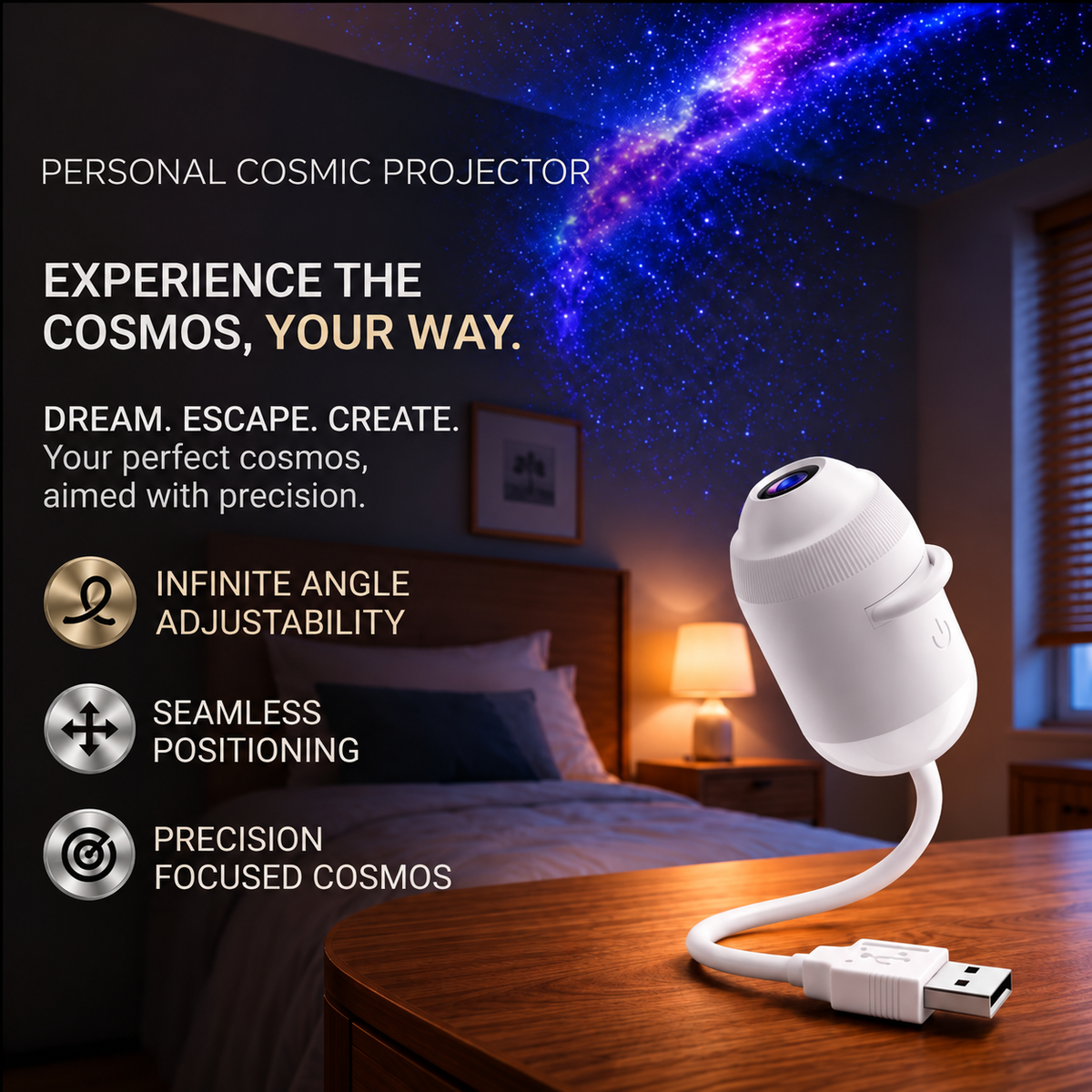 Galaxy Projector Light USB Powered ABS Gooseneck | Dual-Mode Star Light | Calming Ambiance for Sleep and Focus