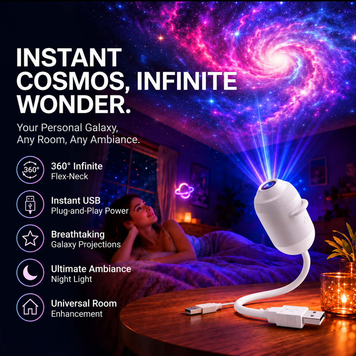 Galaxy Projector Light USB Powered ABS Gooseneck | Dual-Mode Star Light | Calming Ambiance for Sleep and Focus