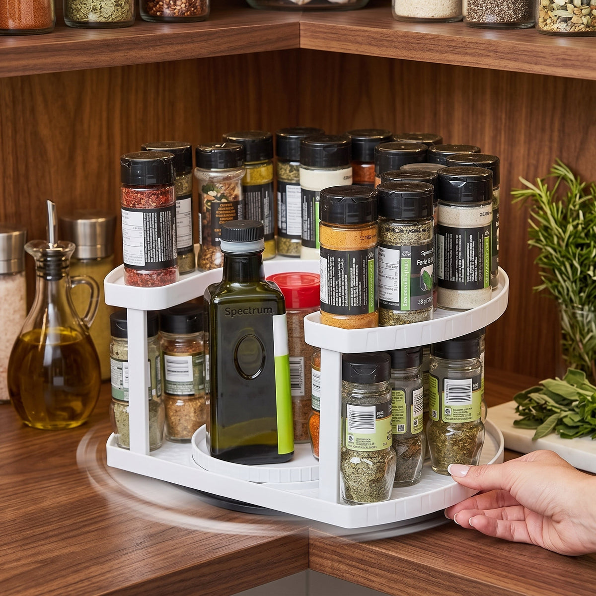 Rotating Spice Rack Organizer Wipe-Clean Plastic | Dual Turntable Tiered Design | Saves Counter Space, Reduces Spills 3