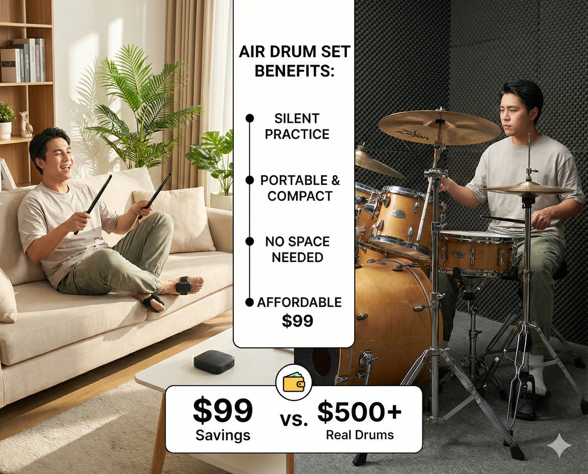 Electronic Air Drum Kit | Motion-Sensing Drumsticks & Foot Pedals | Rechargeable Battery for Silent Practice Anywhere 6