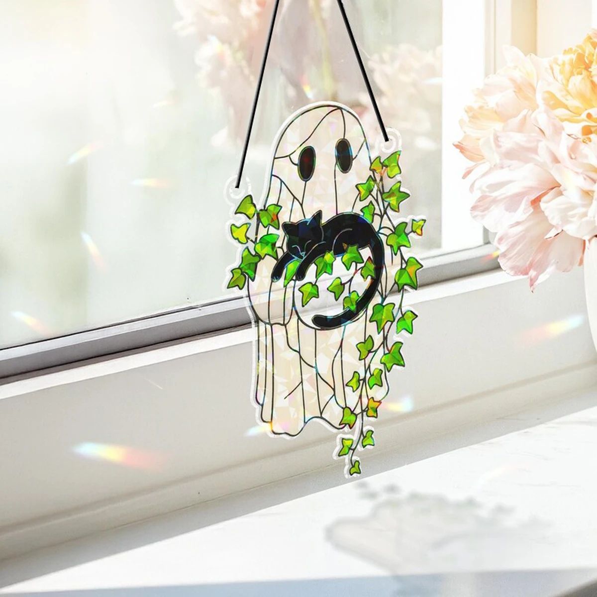 Ghost Acrylic Suncatcher Halloween Window Hanging | Black Cat & Green Leaf Design | Light-Catching Reusable Décor