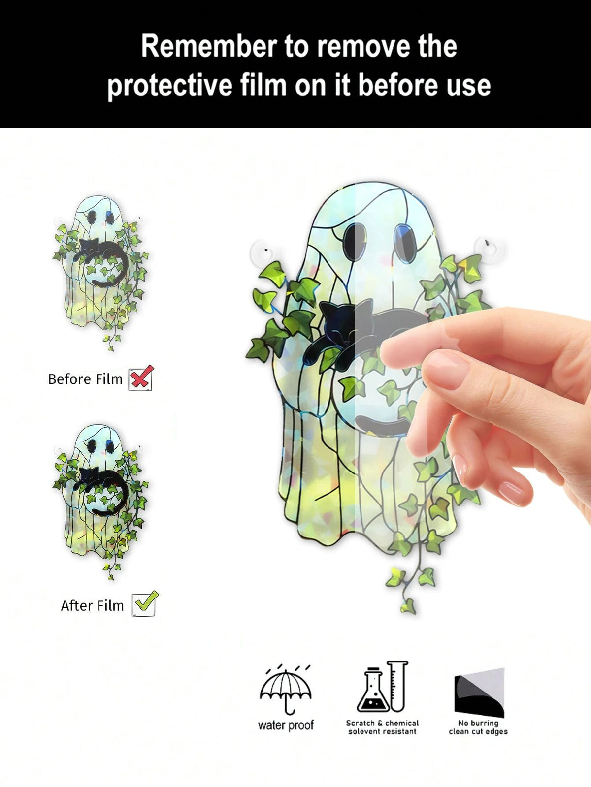 Ghost Acrylic Suncatcher Halloween Window Hanging | Black Cat & Green Leaf Design | Light-Catching Reusable Décor