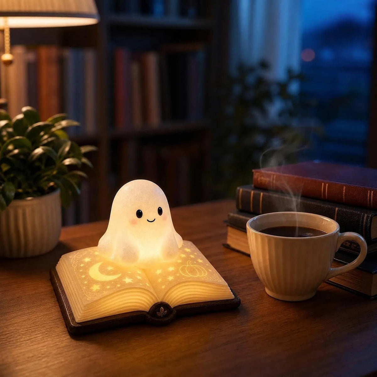 Ghost Lamp | Open Book Base, Lit Star And Moon Pages