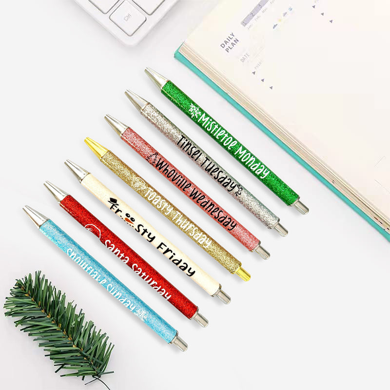 Glitter Ballpoint Pen Set for Christmas | 7-Pen Weekly Set with Daily Designs | Metal Build with Stainless Steel Tip