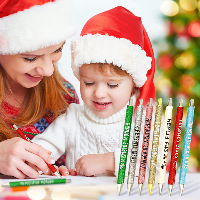 Glitter Ballpoint Pen Set for Christmas | 7-Pen Weekly Set with Daily Designs | Metal Build with Stainless Steel Tip