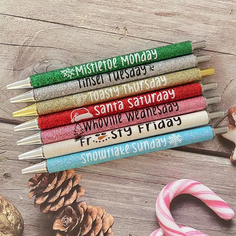 Glitter Ballpoint Pen Set for Christmas | 7-Pen Weekly Set with Daily Designs | Metal Build with Stainless Steel Tip