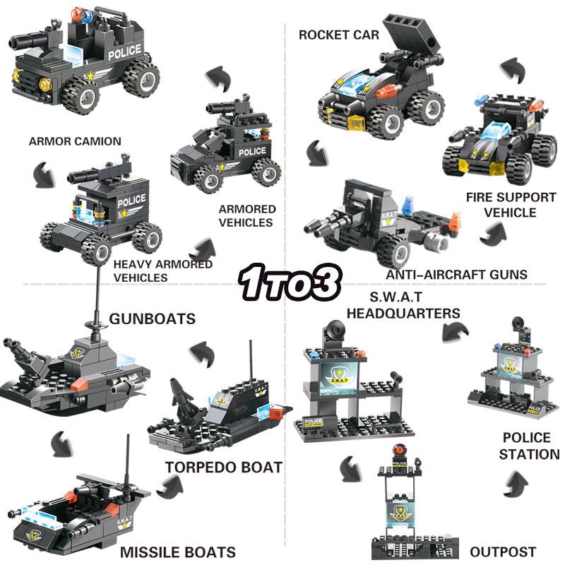 Building Block Police Truck Set 8-in-1 | SWAT Cars, Tanks, Helicopter Shapes | 647 Self-Locking Plastic Bricks, Compatible Design 9