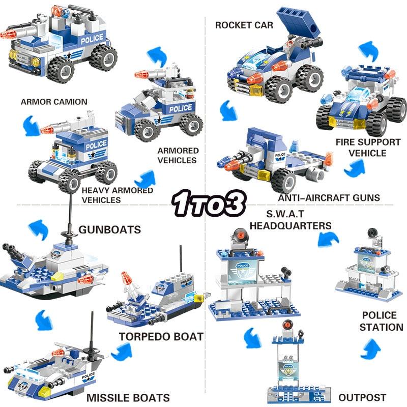 Building Block Police Truck Set 8-in-1 | SWAT Cars, Tanks, Helicopter Shapes | 647 Self-Locking Plastic Bricks, Compatible Design 6