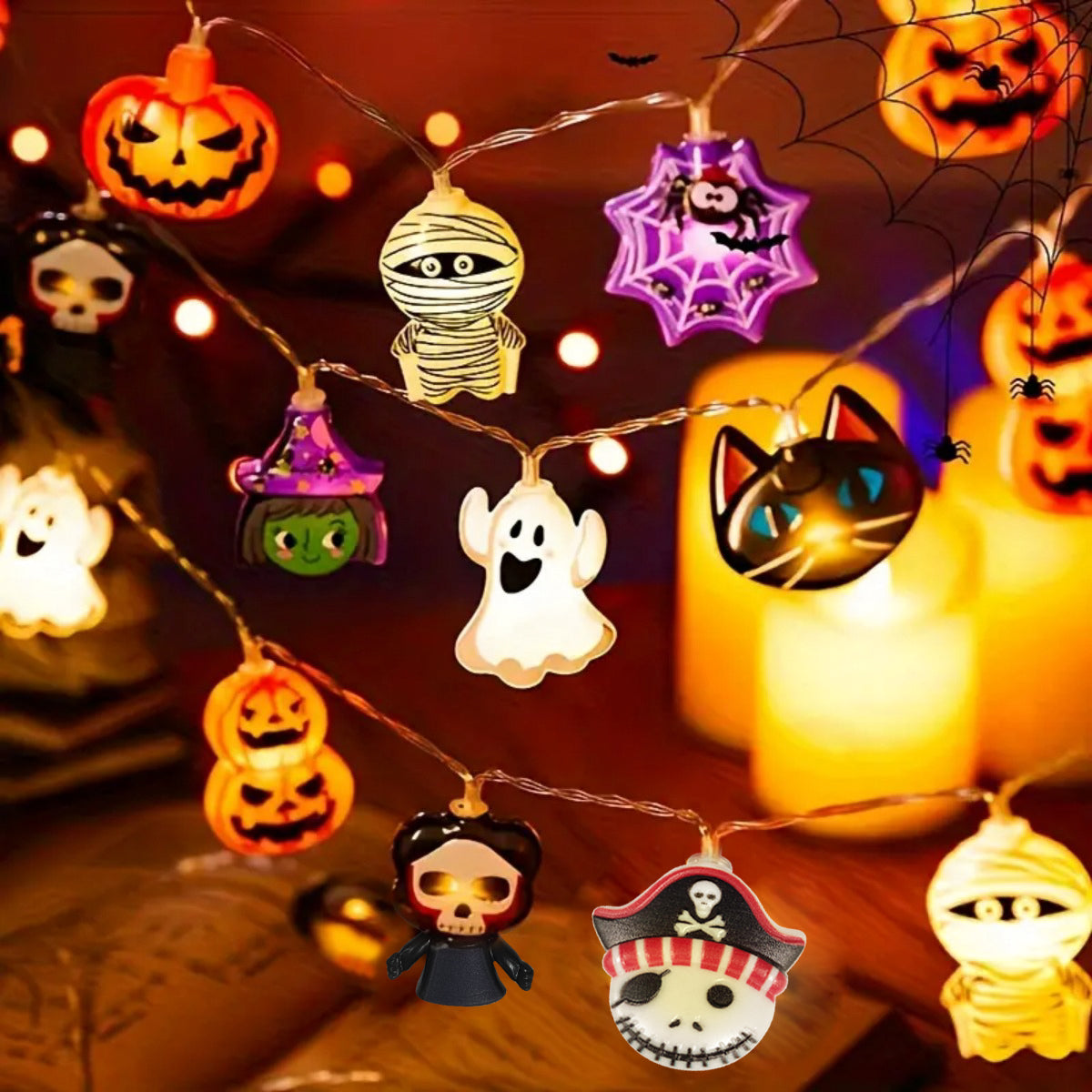 Halloween LED String Lights Spooky Characters | Battery Powered, 10 or 20 LED Options | Cordless Indoor Party Decor