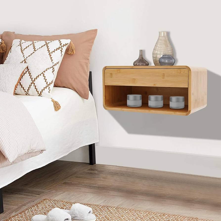 Hanging Nightstands | Acacia Wood Floating Bedside Shelves Set of 2