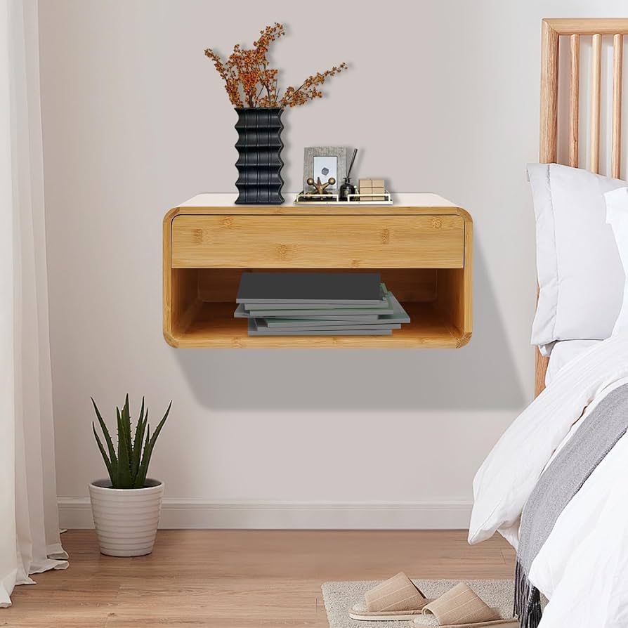 Hanging Nightstands | Acacia Wood Floating Bedside Shelves Set of 2