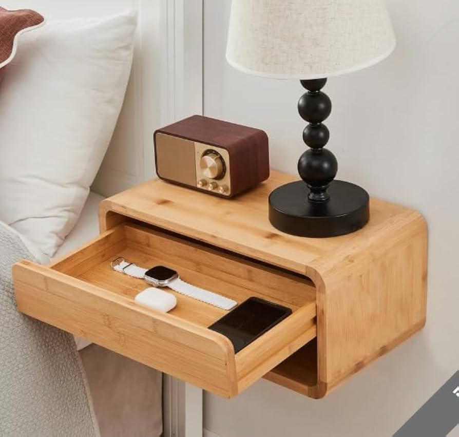 Hanging Nightstands | Acacia Wood Floating Bedside Shelves Set of 2