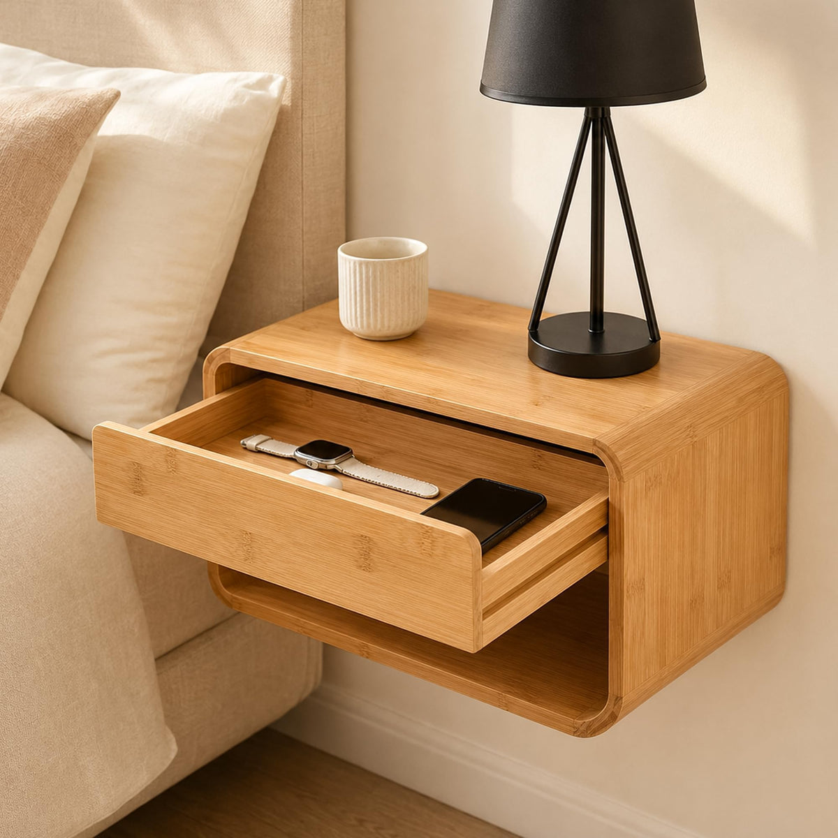 Hanging Nightstands | Acacia Wood Floating Bedside Shelves Set of 2