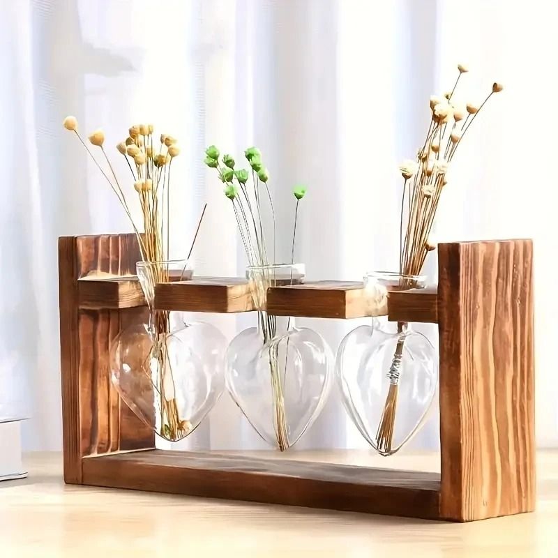 Heart Shaped Glass Vase with Wooden Frame | Hydroponic Propagation Stand for Cuttings | Clear Design Shows Root Growth