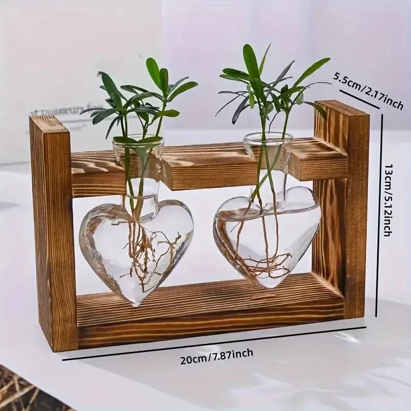 Heart Shaped Glass Vase with Wooden Frame | Hydroponic Propagation Stand for Cuttings | Clear Design Shows Root Growth