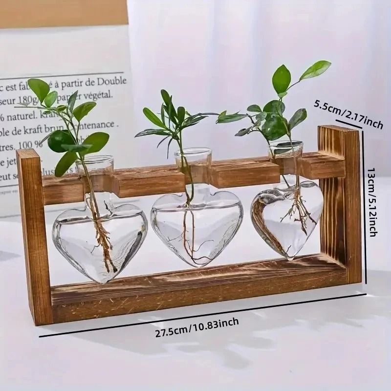Heart Shaped Glass Vase with Wooden Frame | Hydroponic Propagation Stand for Cuttings | Clear Design Shows Root Growth