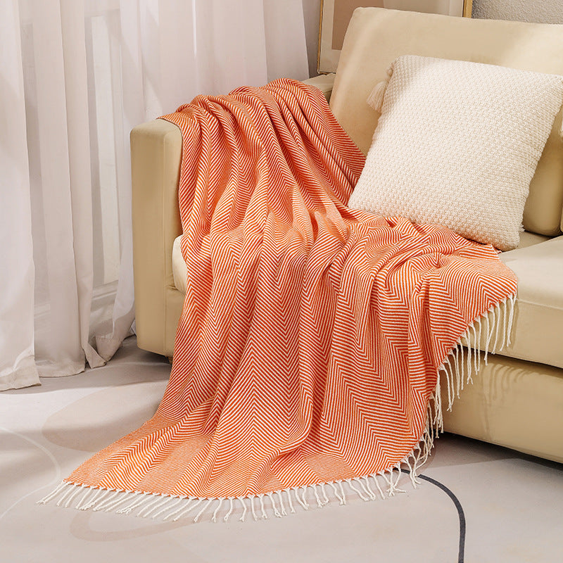 Herringbone Throw Blanket 100% Cotton | Fringed Tweed Weave | Blue, Grey, Khaki or Yellow, Soft Sofa & Bed Cover