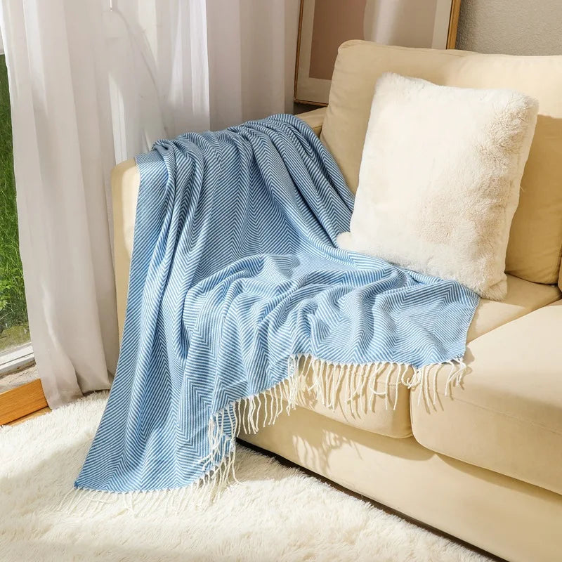 Herringbone Throw Blanket 100% Cotton | Fringed Tweed Weave | Blue, Grey, Khaki or Yellow, Soft Sofa & Bed Cover