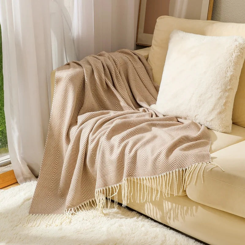 Herringbone Throw Blanket 100% Cotton | Fringed Tweed Weave | Blue, Grey, Khaki or Yellow, Soft Sofa & Bed Cover