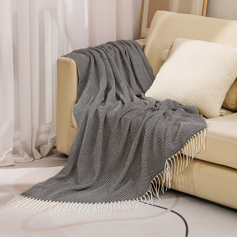 Herringbone Throw Blanket 100% Cotton | Fringed Tweed Weave | Blue, Grey, Khaki or Yellow, Soft Sofa & Bed Cover