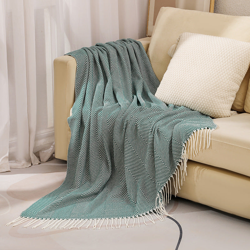 Herringbone Throw Blanket 100% Cotton | Fringed Tweed Weave | Blue, Grey, Khaki or Yellow, Soft Sofa & Bed Cover