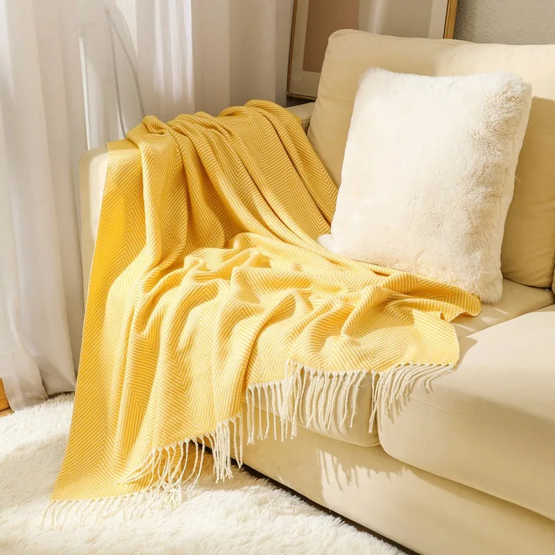 Herringbone Throw Blanket 100% Cotton | Fringed Tweed Weave | Blue, Grey, Khaki or Yellow, Soft Sofa & Bed Cover