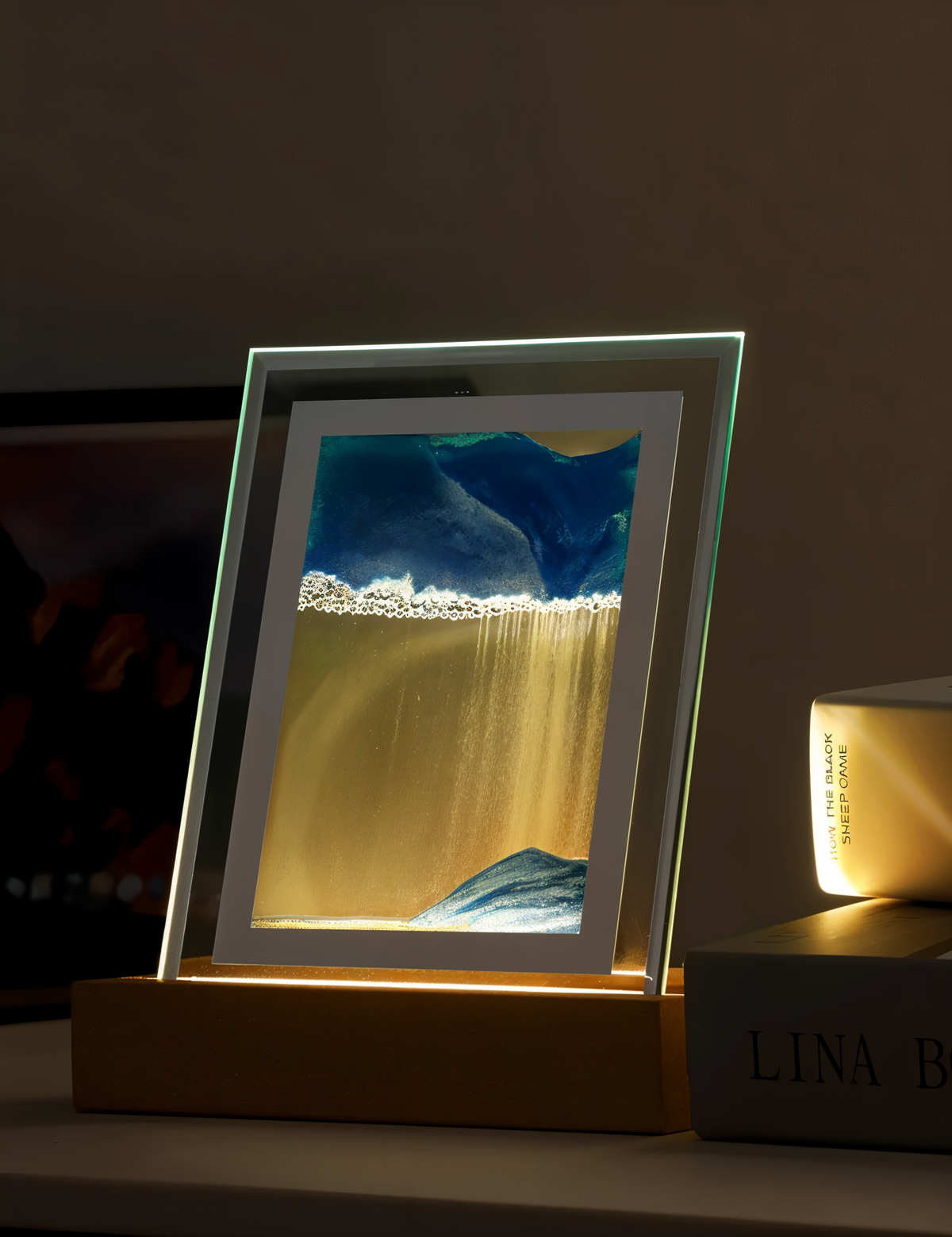Sand Art Lamp, Glass and Wood | 5 Colours, Shifting Quicksand Picture | Shakeable Night Light for Desk or Bedroom 3