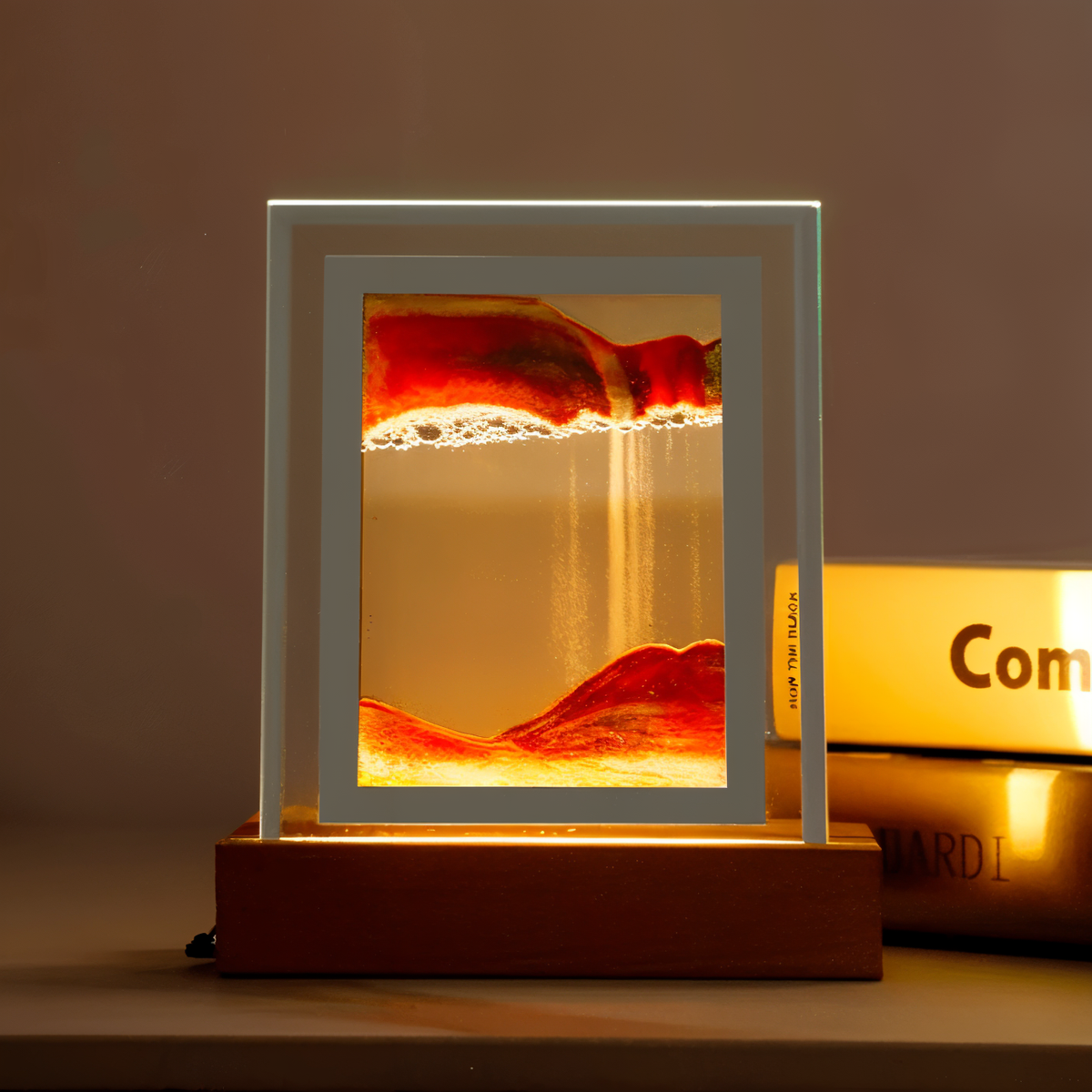 Sand Art Lamp, Glass and Wood | 5 Colours, Shifting Quicksand Picture | Shakeable Night Light for Desk or Bedroom 1