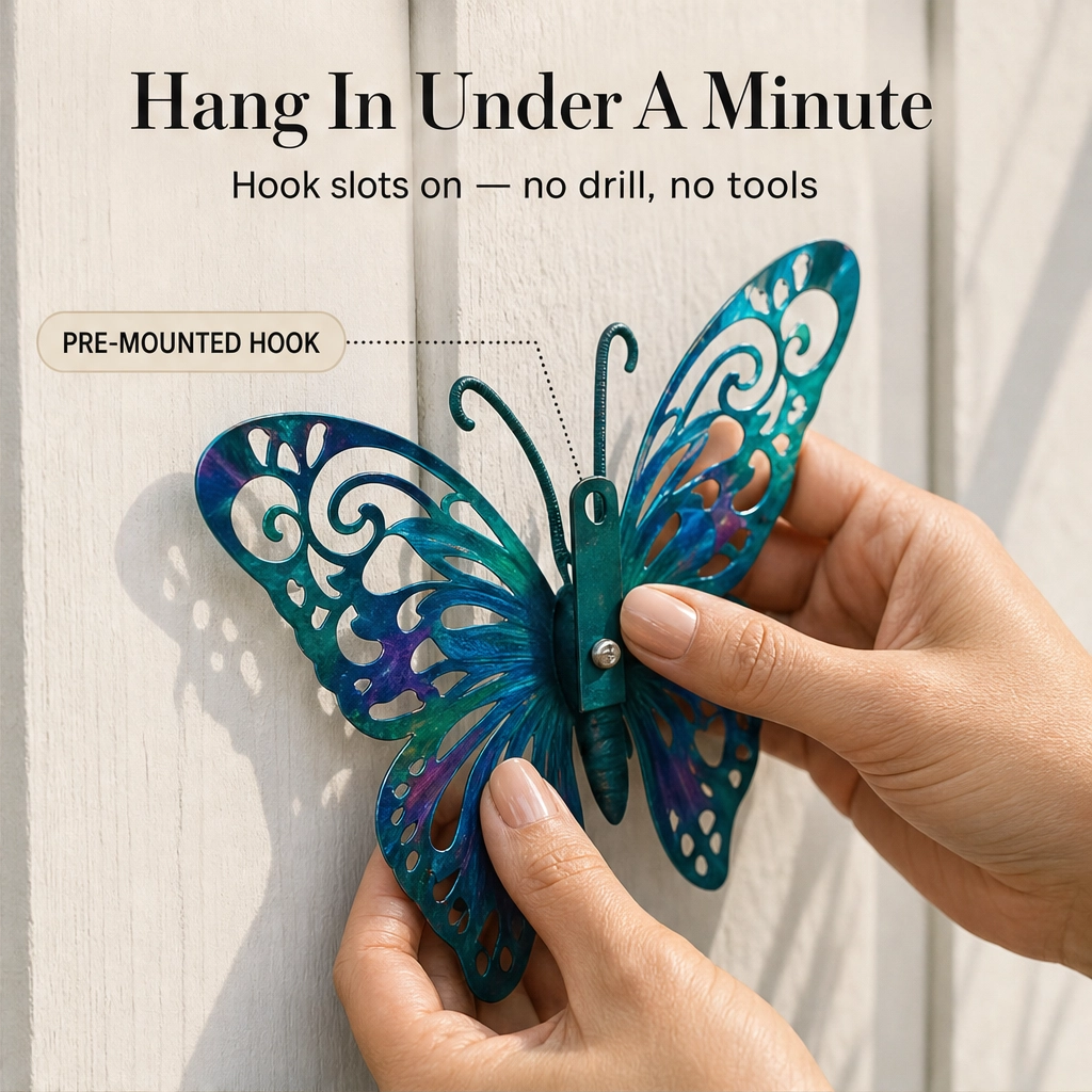 Iron Butterfly Garden Wall Decor Set of 4 | Hand-Painted Weatherproof Sealed Finish | Hooks Included, No Tools Needed