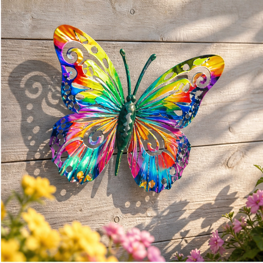 Iron Butterfly Garden Wall Decor Set of 4 | Hand-Painted Weatherproof Sealed Finish | Hooks Included, No Tools Needed