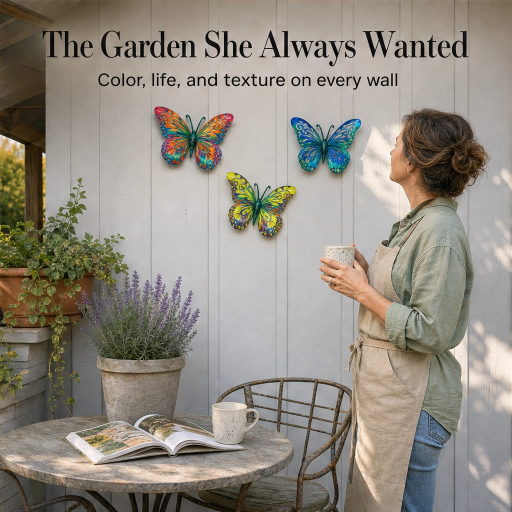 Iron Butterfly Garden Wall Decor Set of 4 | Hand-Painted Weatherproof Sealed Finish | Hooks Included, No Tools Needed