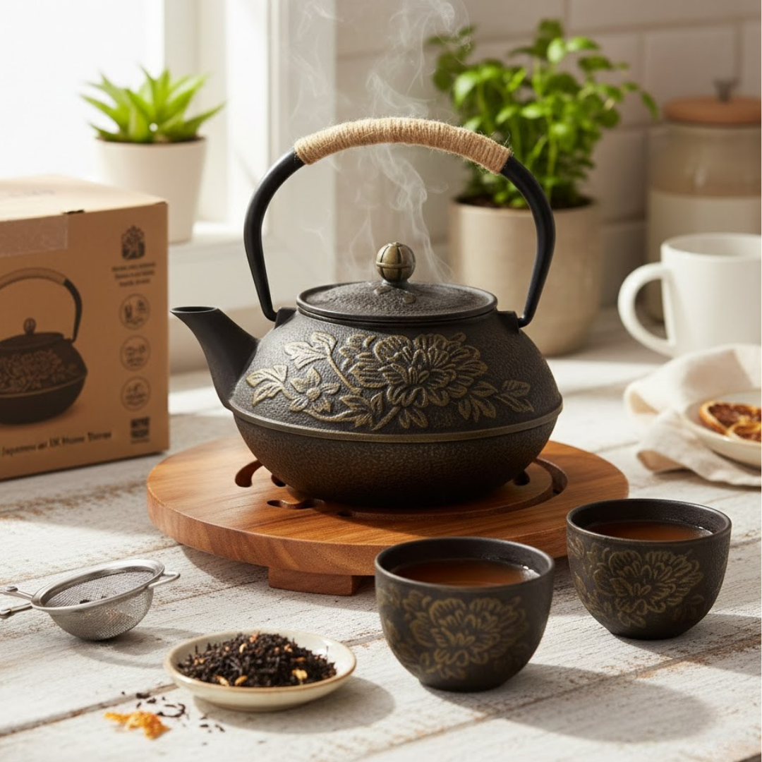 Japanese Teapot | Handmade Cast Iron Tea Pot, Floral Design & Ideal for Japanese Tea Set and Herbal Infusions 0