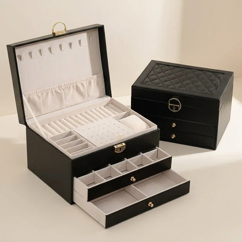 Jewelry Storage Box | Three Tiers, Quilted Inset Lid Panel