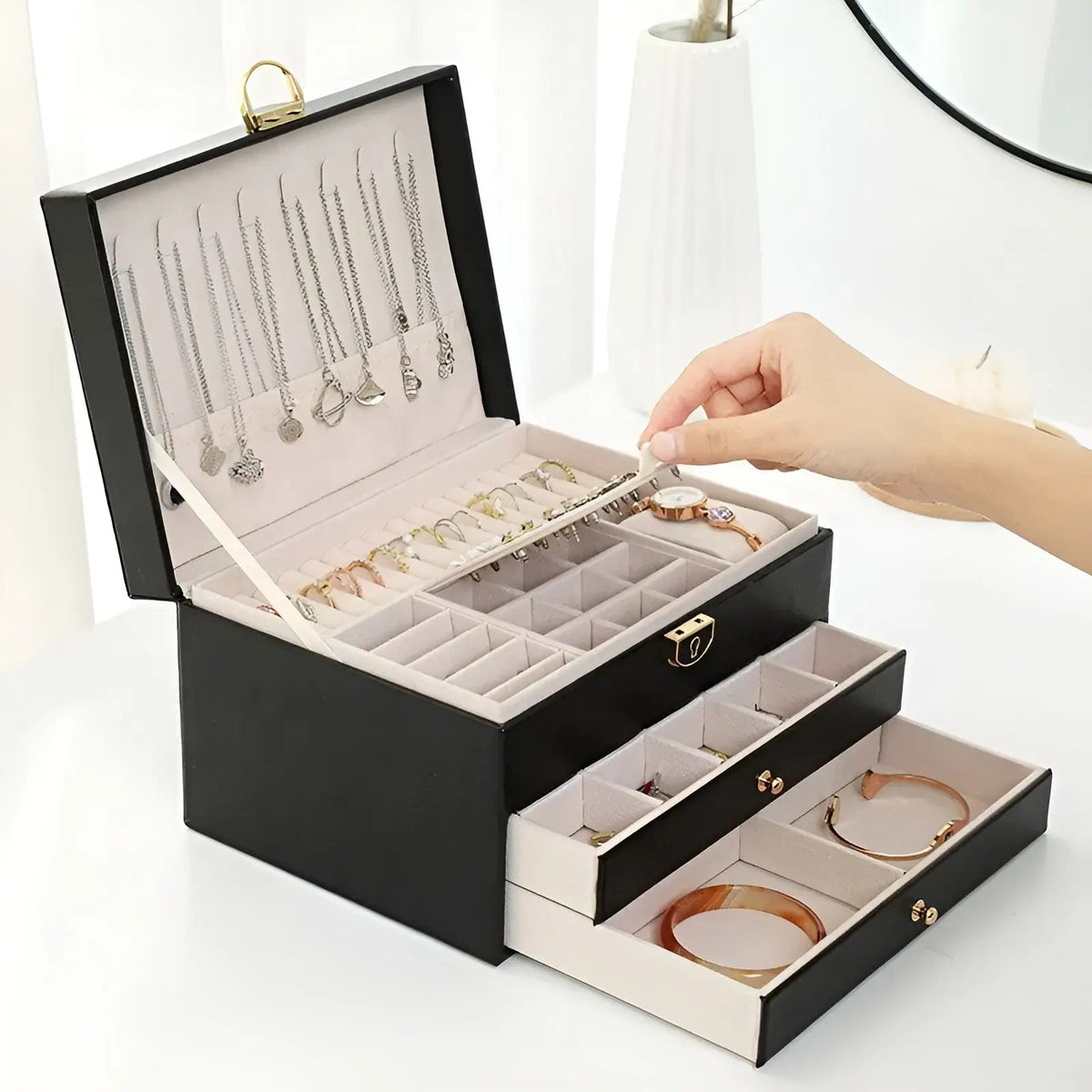 Jewelry Storage Box | Three Tiers, Quilted Inset Lid Panel