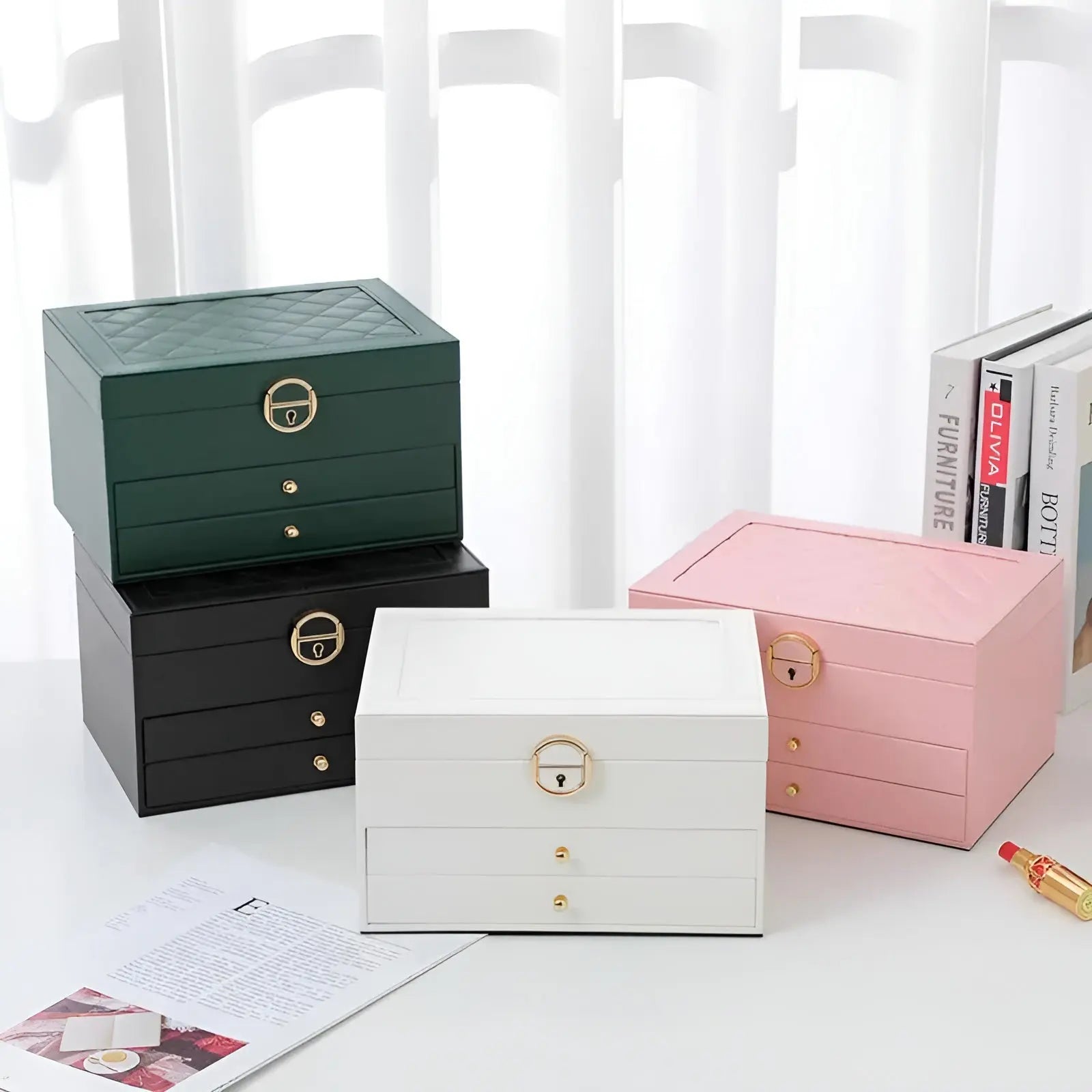 Jewelry Storage Box | Three Tiers, Quilted Inset Lid Panel