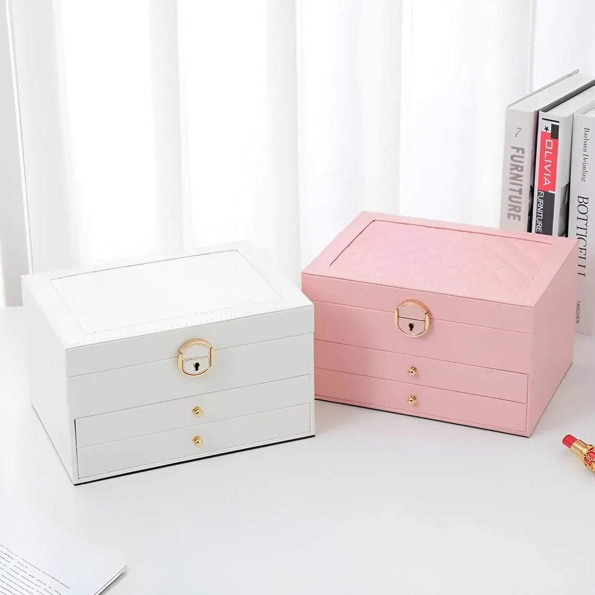 Jewelry Storage Box | Three Tiers, Quilted Inset Lid Panel