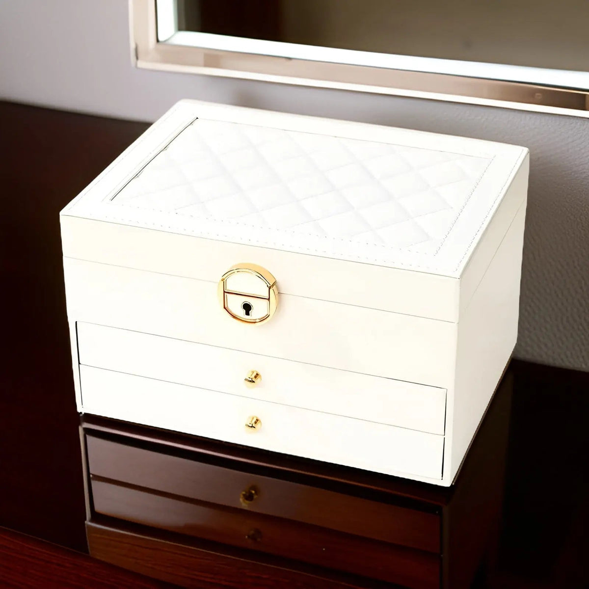 Jewelry Storage Box | Three Tiers, Quilted Inset Lid Panel