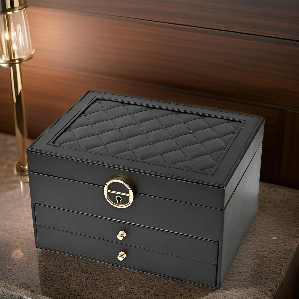 Jewelry Storage Box | Three Tiers, Quilted Inset Lid Panel