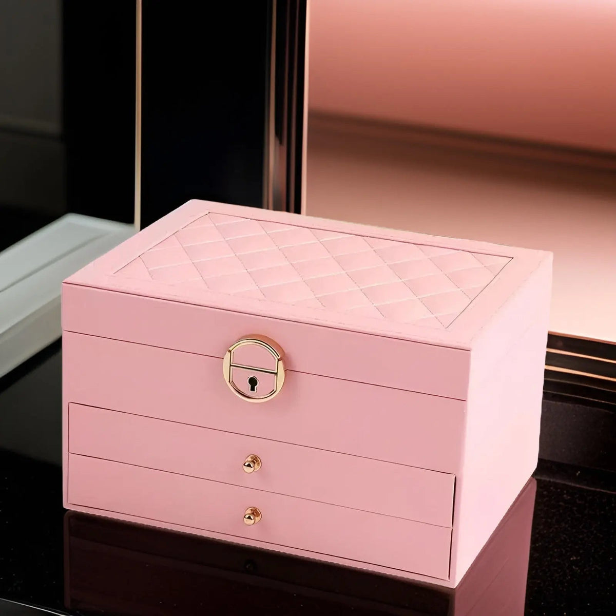 Jewelry Storage Box | Three Tiers, Quilted Inset Lid Panel