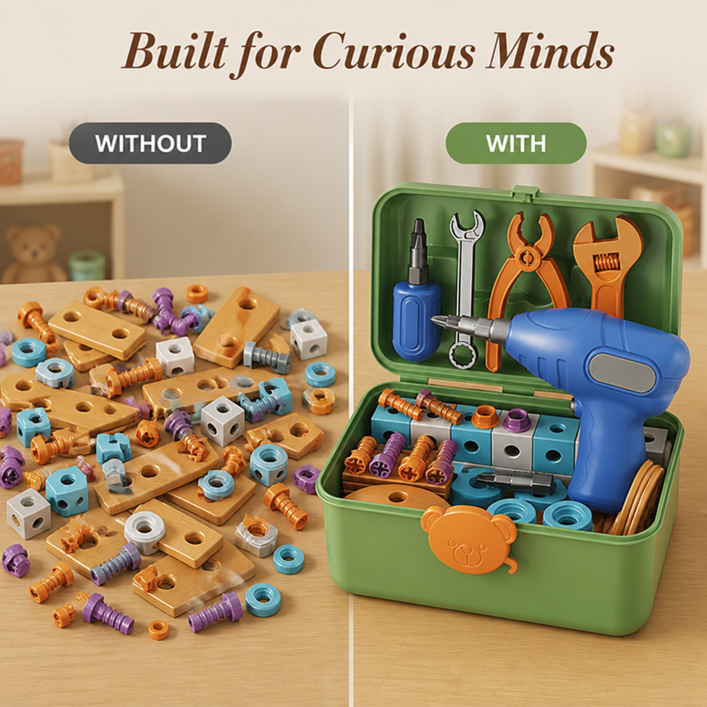 Kids Building Toy Set with Real Electric Drill | 124-190 Non-Toxic Pieces | Portable Storage Case for Creative Play