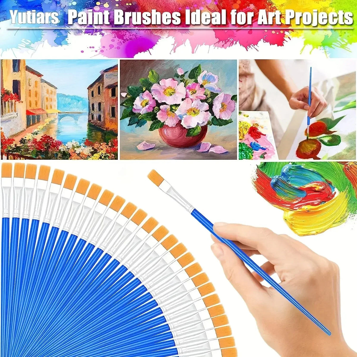 Kids Paint Brush Set Synthetic Bristles | Flat, Round & Pointed Tips | Comfortable Grip for Acrylic, Watercolour & Oil