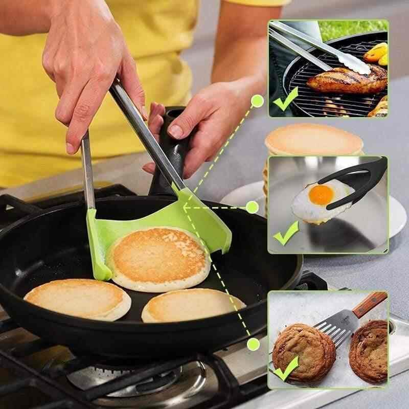 Kitchen Tongs and Spatula Stainless Steel | 2-in-1 Grip, Flip and Scoop Design | Non-Stick Safe and Heat Resistant