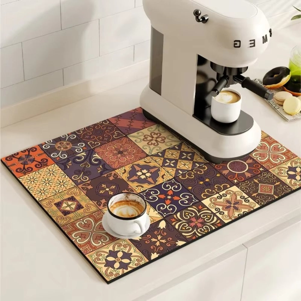 Kitchen Counter Mat Retro Tile Pattern Absorbent Drying Mat 12