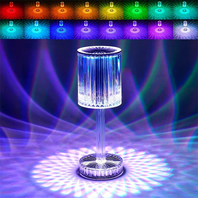 LED Crystal Table Lamp | 16-Colour Remote & 3-Colour Touch Control | Rotating Night Light Projection for Bedroom