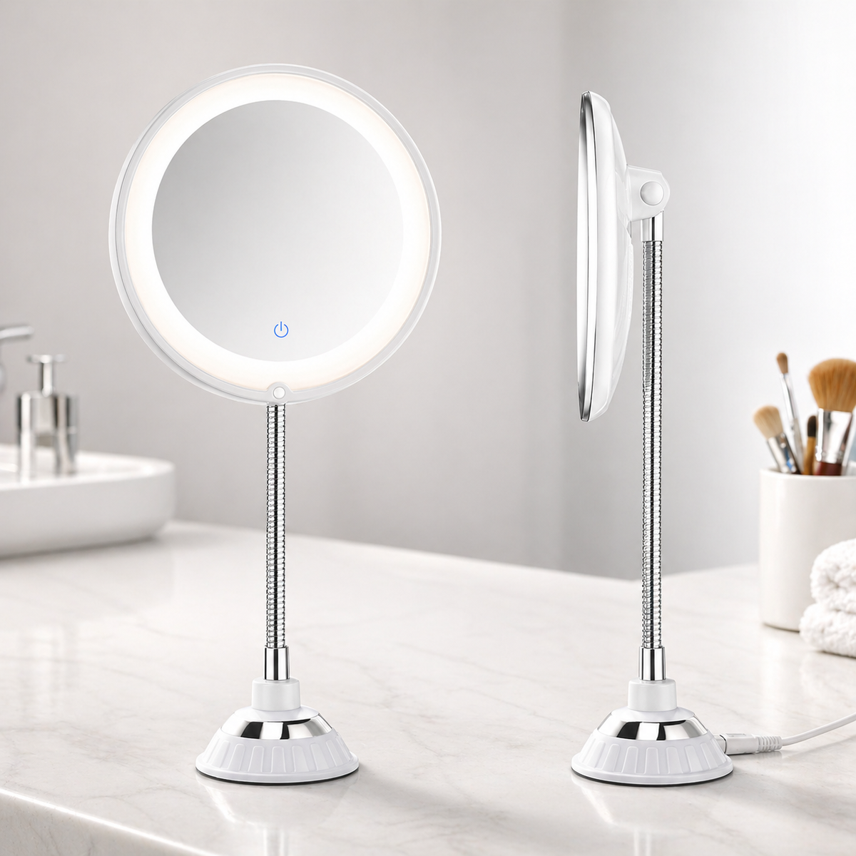 LED Magnifying Mirror 17.8 cm | 10× Magnification, Suction Mount | 360° Adjustable Arm, Battery Powered for Precise Grooming
