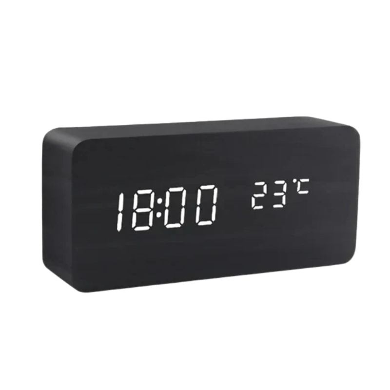 LED Wooden Alarm Clock – Voice Control Adjustable Brightness Display