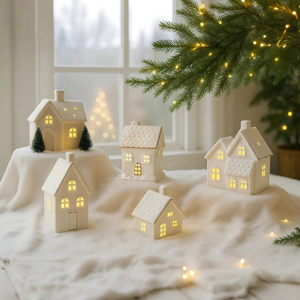 Light-Up Ceramic Village Christmas Decor | 12-Piece Set with Houses, Trees & Snowmen | Perforated Ceramic, Battery-Powered Glow