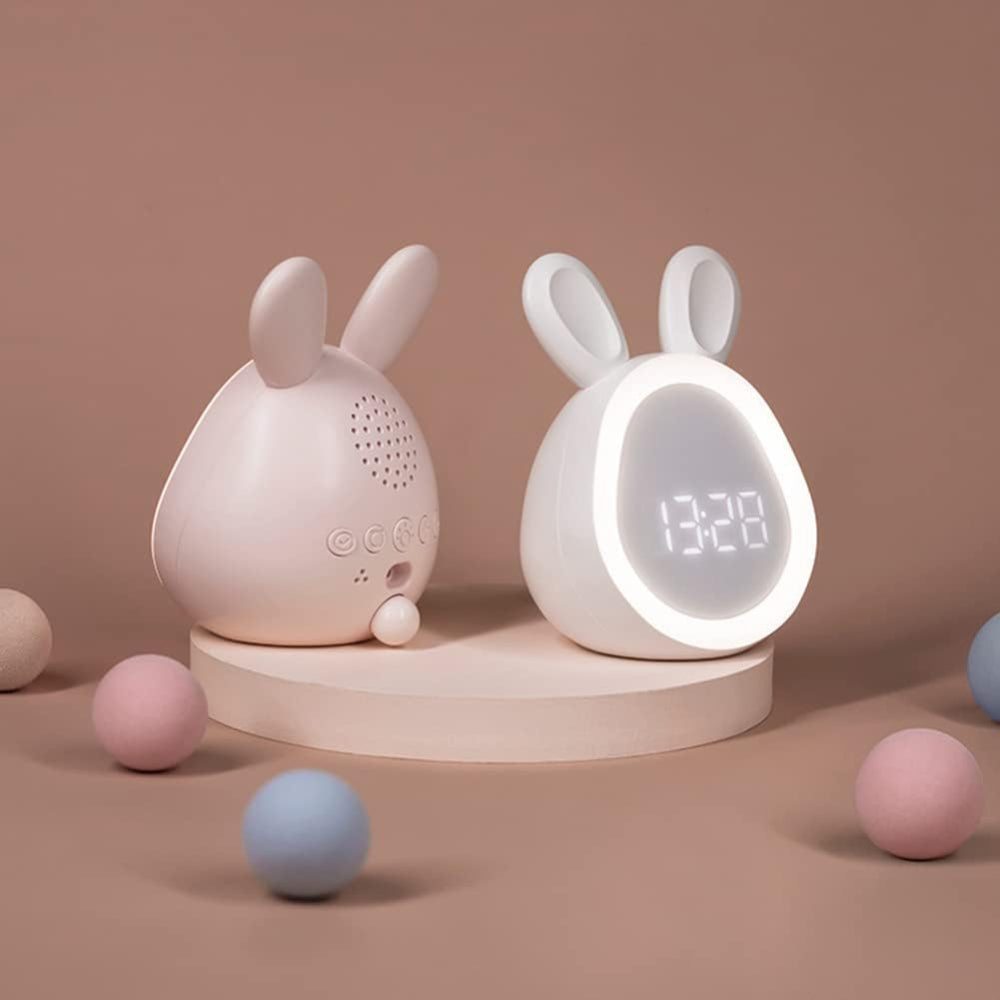 Children's Alarm Clock Bunny Night Light | Quiet Operation, Colour-Changing LED | USB Rechargeable, Pink or White 1